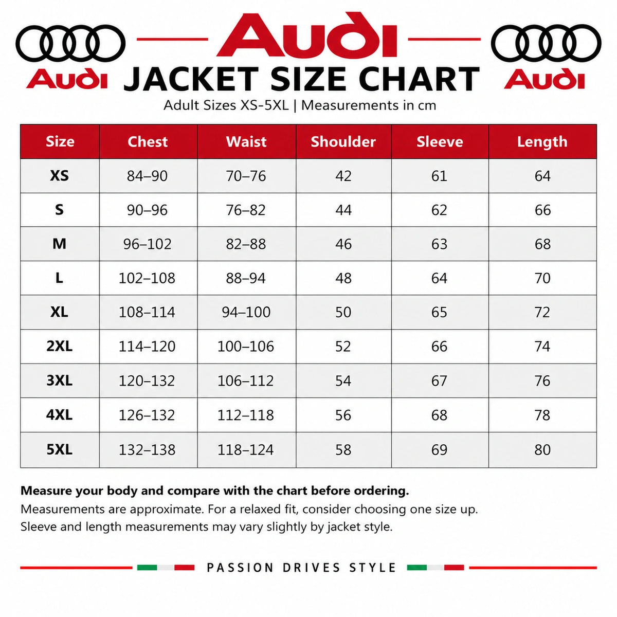 Audi jacket size chart XS to 5XL showing chest, waist, shoulder, sleeve and length measurements in centimeters
