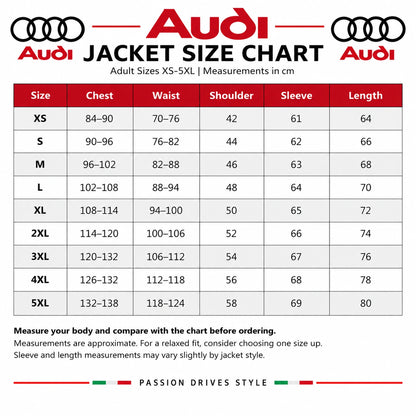 Audi jacket size chart XS to 5XL showing chest, waist, shoulder, sleeve and length measurements in centimeters