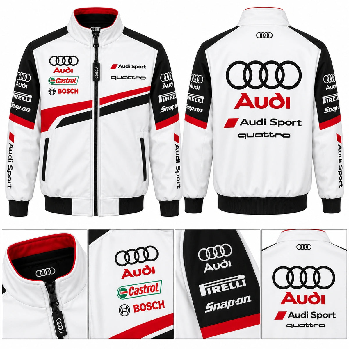 Audi racing jacket front and back views with detailed collar, Audi Sport graphics, sponsor-style sleeve details and motorsport racing design