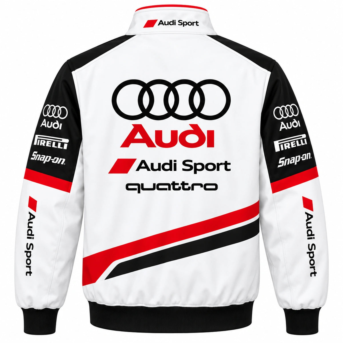 Audi racing jacket back view with large Audi rings, Audi Sport and quattro graphics, racing stripes and black sleeve details