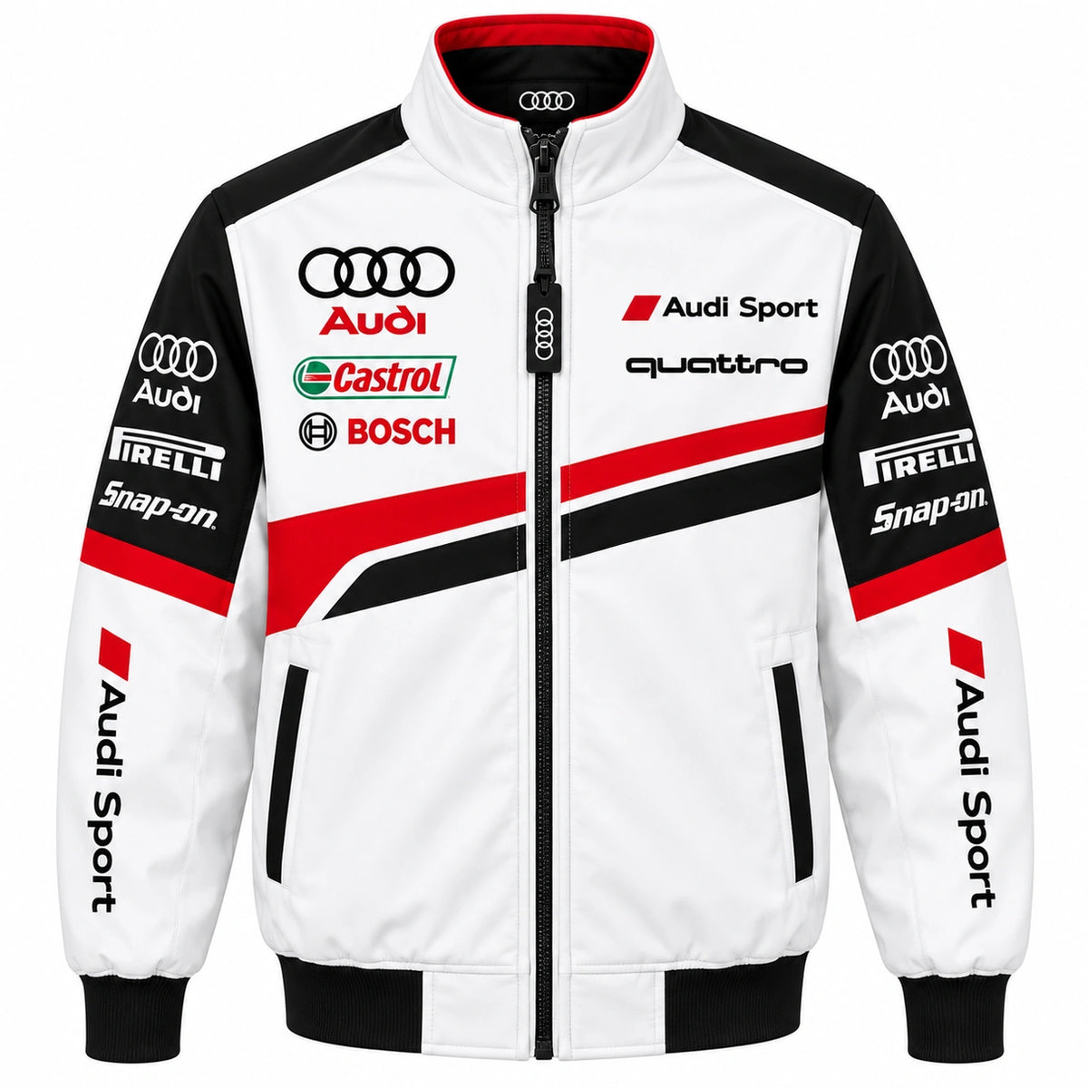 Audi racing jacket front view in white black and red with Audi Sport graphics, racing stripes, full zip and motorsport-inspired design