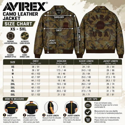 AVIREX camouflage leather jacket size chart from XS to 5XL with chest, shoulder, sleeve length, jacket length measurements and sizing guide