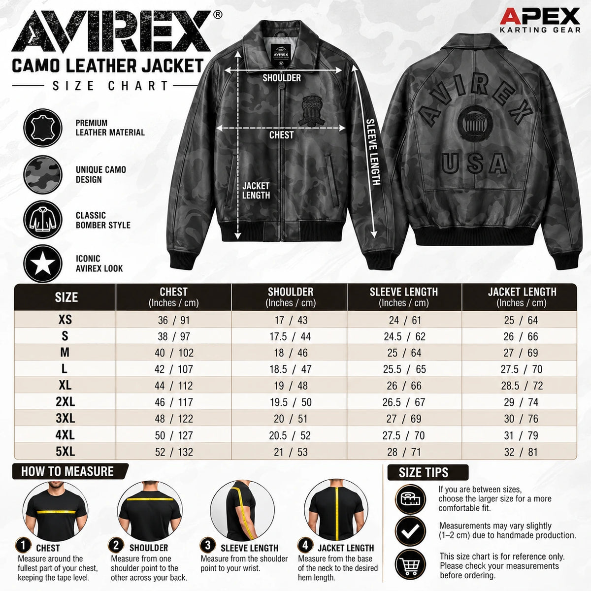 AVIREX camo leather jacket size chart XS to 5XL with chest, shoulder, sleeve length, jacket length measurements, and sizing guide.