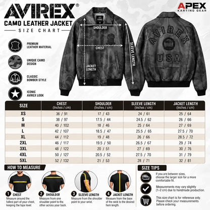 AVIREX camo leather jacket size chart XS to 5XL with chest, shoulder, sleeve length, jacket length measurements, and sizing guide.