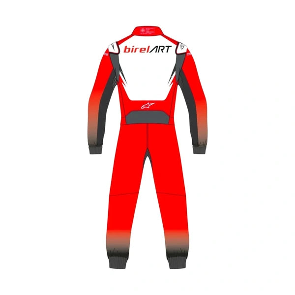 Back view of a Birel ART-inspired Driver Pro kart racing suit with red body panels, white upper section, black accents and motorsport graphics.