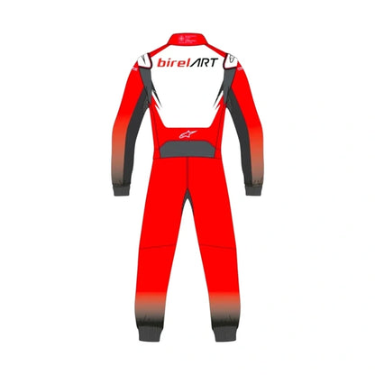 Back view of a Birel ART-inspired Driver Pro kart racing suit with red body panels, white upper section, black accents and motorsport graphics.