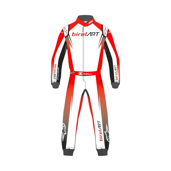 Front view of a Birel ART-inspired Driver Pro kart racing suit featuring red, white and black panels, racing graphics and full-length one-piece construction.