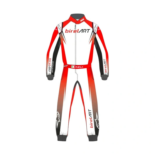 Front view of a Birel ART-inspired Driver Pro kart racing suit featuring red, white and black panels, racing graphics and full-length one-piece construction.