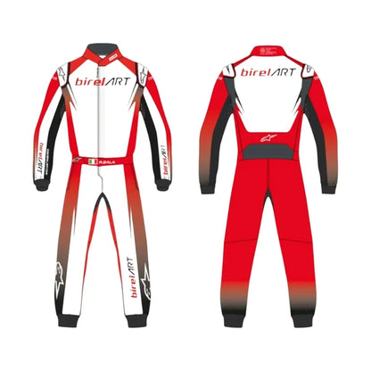 Alpinestars Birel ART-inspired Driver Pro kart racing suit featuring red, white and black motorsport graphics, one-piece construction, racing collar and detailed front and rear panels.
