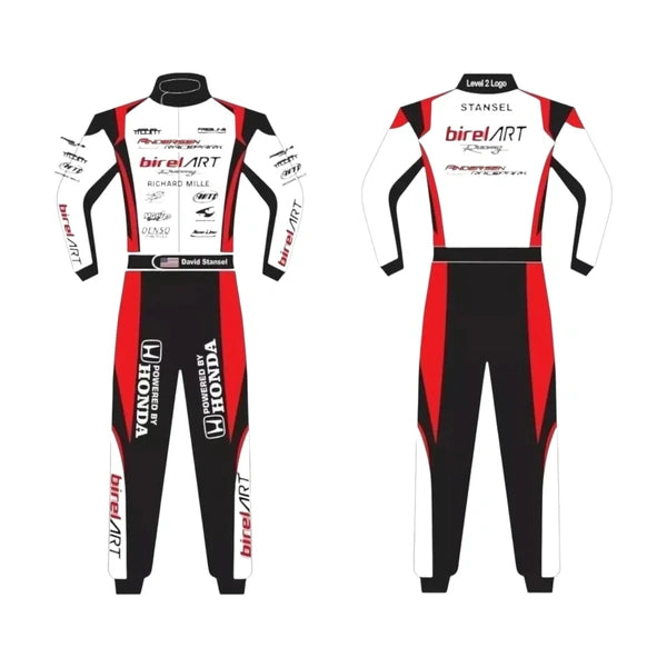 New Birel ART-inspired go kart racing suit featuring red, black and white motorsport graphics, one-piece construction, high racing collar and detailed front and rear panels.