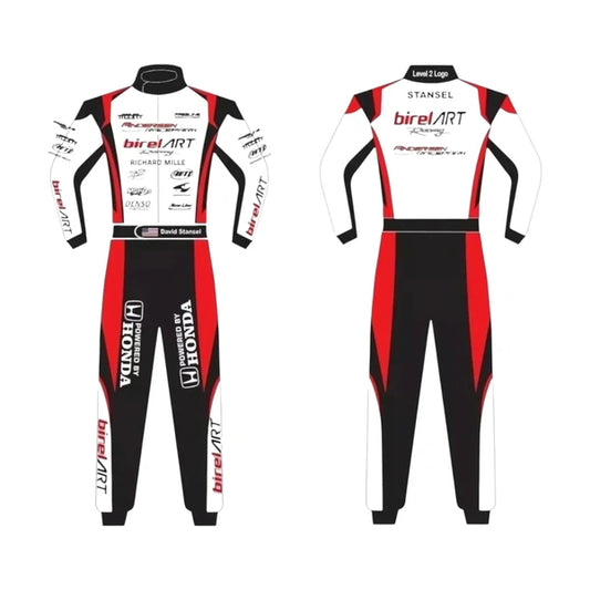 New Birel ART-inspired go kart racing suit featuring red, black and white motorsport graphics, one-piece construction, high racing collar and detailed front and rear panels.