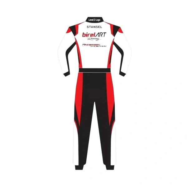 Back view of a new Birel ART-inspired kart racing suit featuring a red body, black waist accents, white upper panel and motorsport graphics.