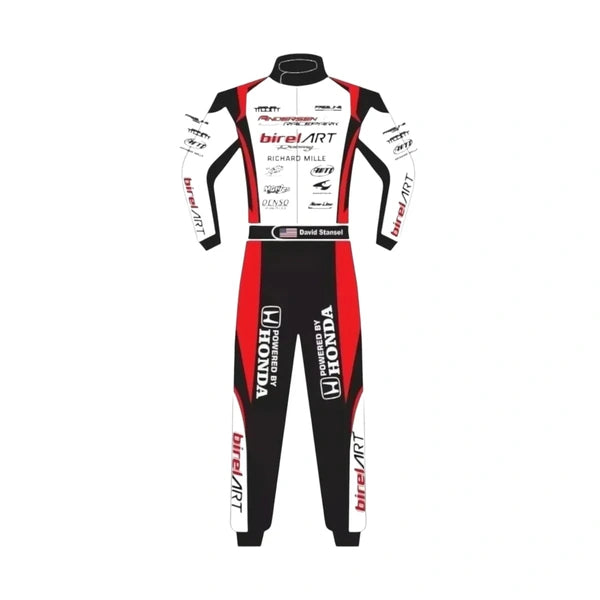 Front view of a new Birel ART-inspired go kart racing suit with red, black and white panels, racing graphics and one-piece motorsport design.