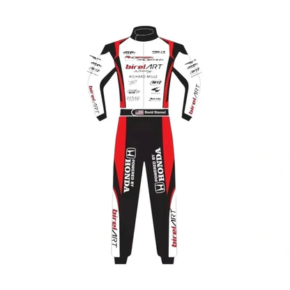 Front view of a new Birel ART-inspired go kart racing suit with red, black and white panels, racing graphics and one-piece motorsport design.