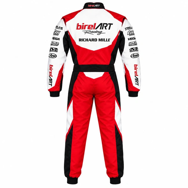 Back view of a 2021 Birel ART-inspired kart racing suit featuring red, white and black racing panels, large motorsport graphics and sponsor-style branding.