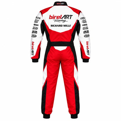 Back view of a 2021 Birel ART-inspired kart racing suit featuring red, white and black racing panels, large motorsport graphics and sponsor-style branding.