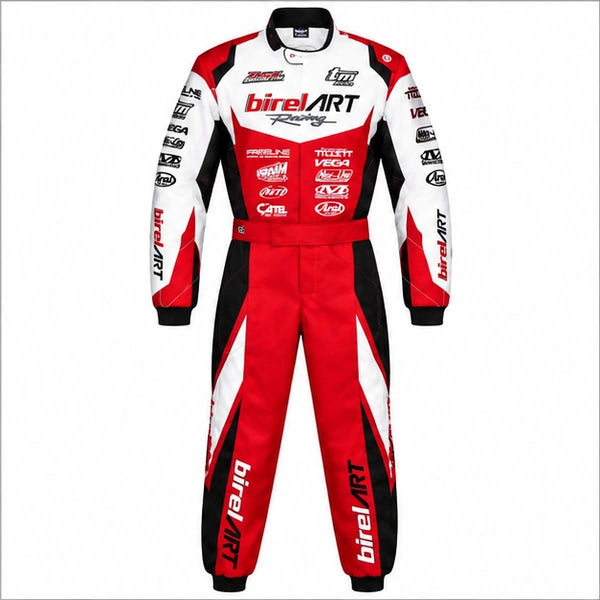Front view of a 2021 Birel ART-inspired go kart racing suit in red, white and black with sublimation racing graphics and sponsor-style details.