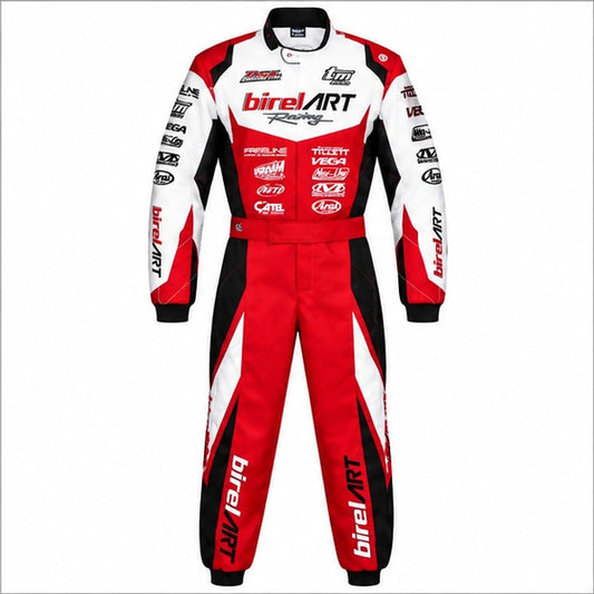 Front view of a 2021 Birel ART-inspired go kart racing suit in red, white and black with sublimation racing graphics and sponsor-style details.