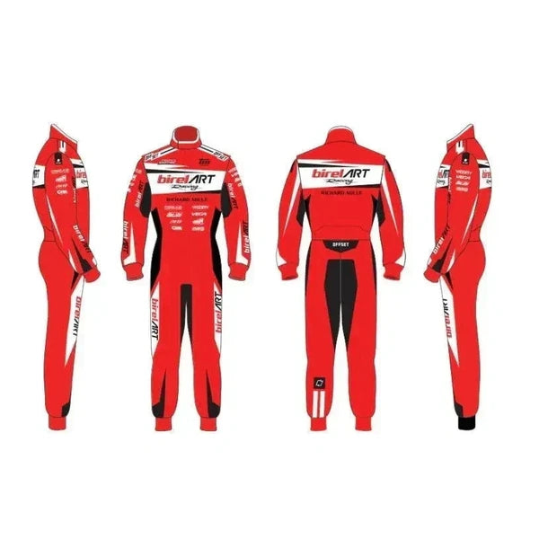 Birel ART 2023-inspired kart racing suit featuring red, white and black motorsport graphics, one-piece construction, racing collar and detailed front and rear racewear design.
