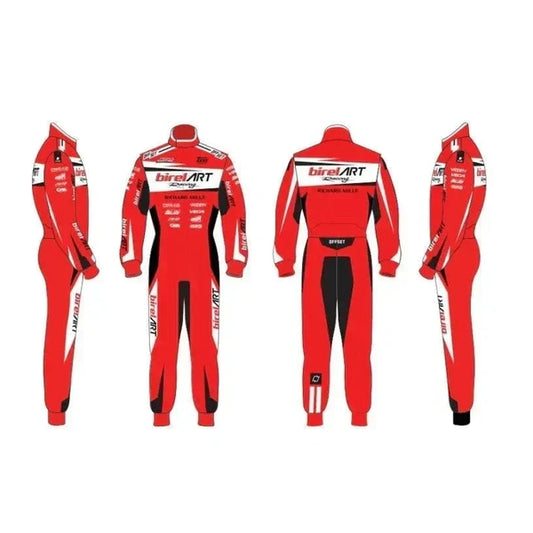 Birel ART 2023-inspired kart racing suit featuring red, white and black motorsport graphics, one-piece construction, racing collar and detailed front and rear racewear design.