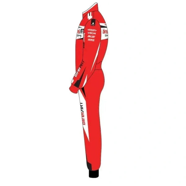 Side view of a red Birel ART-inspired kart racing suit with white racing accents, black panels and detailed sleeve and leg graphics.