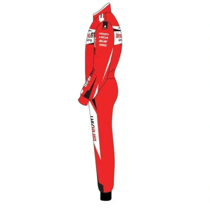 Side view of a red Birel ART-inspired kart racing suit with white racing accents, black panels and detailed sleeve and leg graphics.