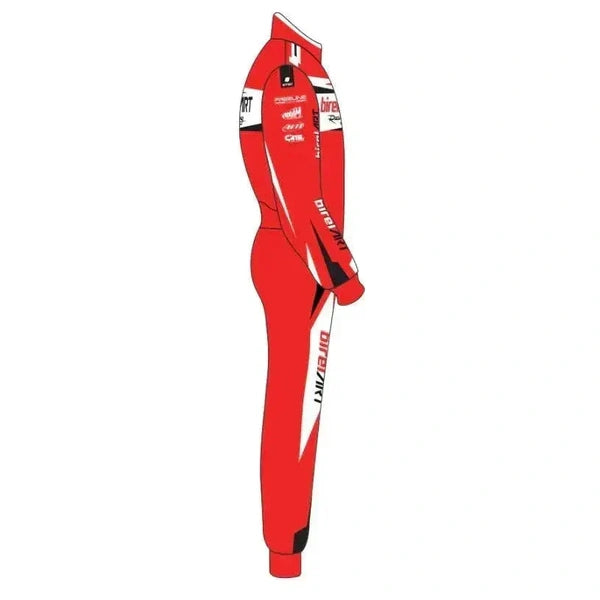 Side view of a red Birel ART-inspired kart racing suit with white racing accents, black panels and detailed sleeve and leg graphics.
