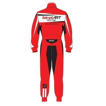 Back view of a Birel ART 2023-inspired kart racing suit featuring red, white and black racing panels and bold motorsport graphics.