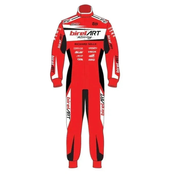 Front view of a Birel ART 2023-inspired red kart racing suit with white and black panels, racing graphics and motorsport-style details.