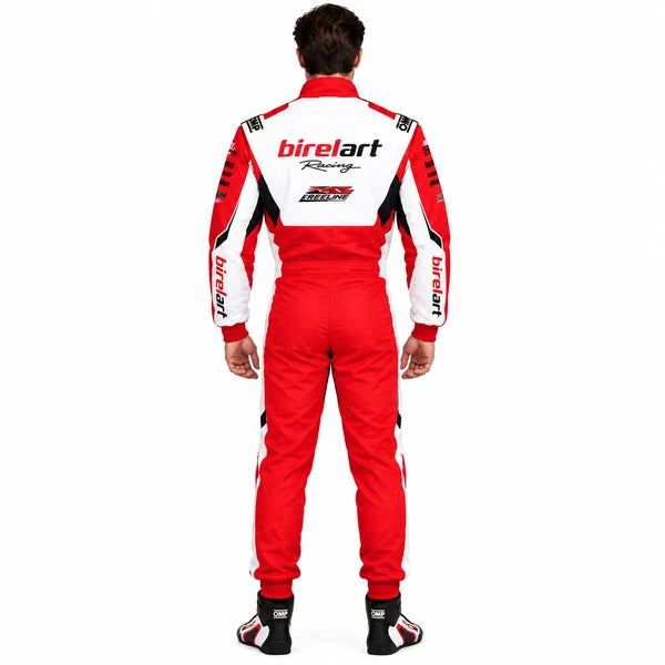 Red and white Birelart-inspired kart racing suit with motorsport graphics.