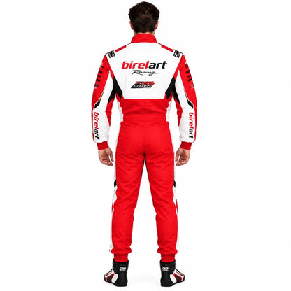 Red and white Birelart-inspired kart racing suit with motorsport graphics.