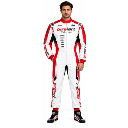 Red and white Birelart-inspired kart racing suit with motorsport graphics.