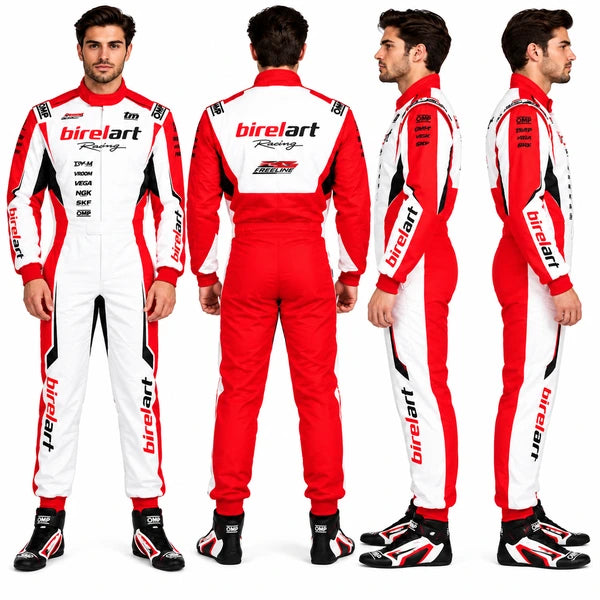 Birelart-inspired red and white kart racing suit featuring black motorsport graphics, full-length one-piece design, racing collar, detailed sleeves and matching racing boots.