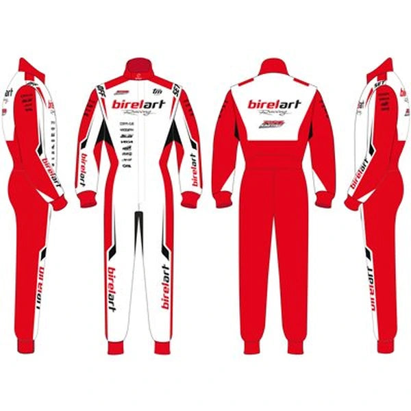 Red and white Birelart-inspired kart racing suit with motorsport graphics.