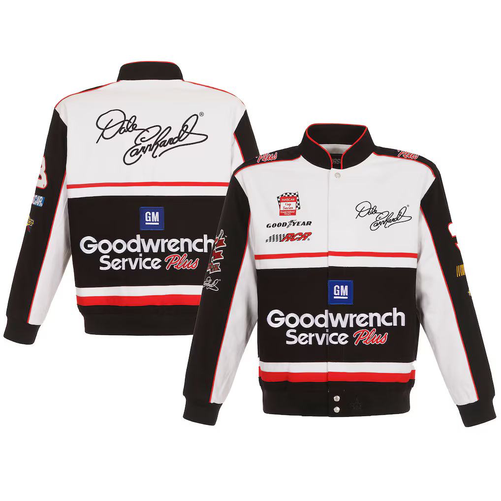 Men's Dale Earnhardt JH Design White/Black Goodwrench Twill Uniform Full-Snap Jacket | Official NASCAR Racing Jacket