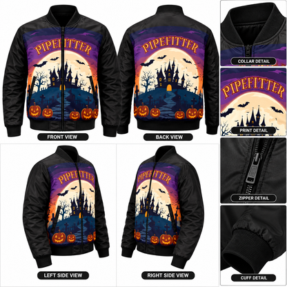 Halloween bomber jacket collage showing front, back, side views and close-up details of the haunted castle and pumpkin print.