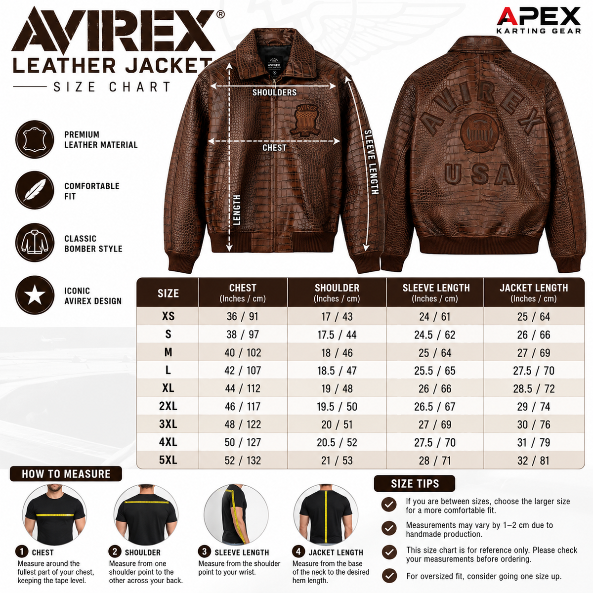 AVIREX brown crocodile-texture leather jacket size chart XS to 5XL with chest, shoulder, sleeve and jacket length measurements in inches and centimeters, branded for Apex Karting Gear.