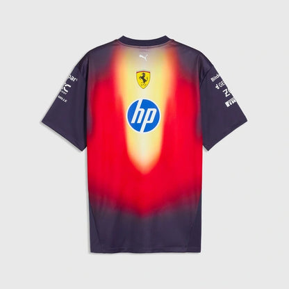 Sports jersey with HP logo and Ferrari emblem on a gradient background