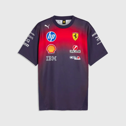 Navy and red sports jersey with various sponsor logos on a light gray background