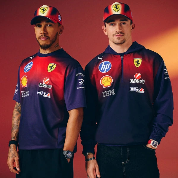 Two individuals wearing matching red and blue sports outfits with various logos on a red background