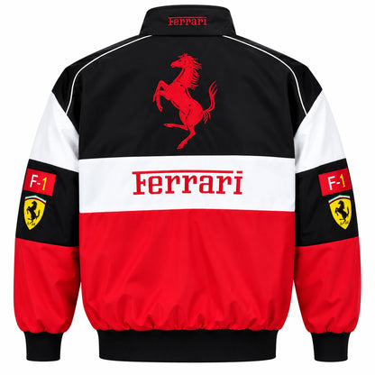 Back of Ferrari racing jacket featuring large red prancing horse graphic, Ferrari branding and vintage F1 motorsport design