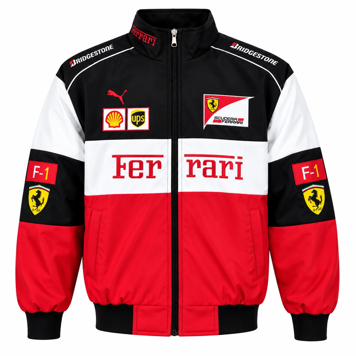 Ferrari racing jacket in black white and red with F1 racing patches, full zip front and vintage motorsport design
