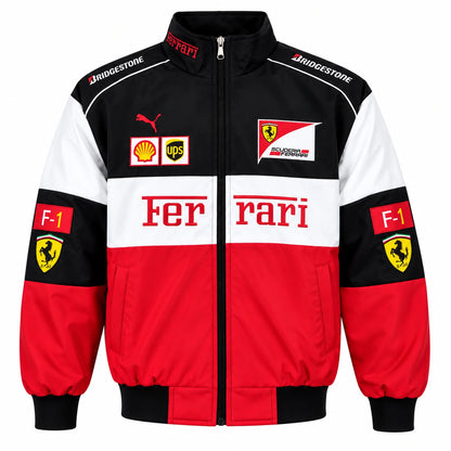 Ferrari racing jacket in black white and red with F1 racing patches, full zip front and vintage motorsport design