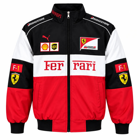 Ferrari racing jacket in black white and red with F1 racing patches, full zip front and vintage motorsport design
