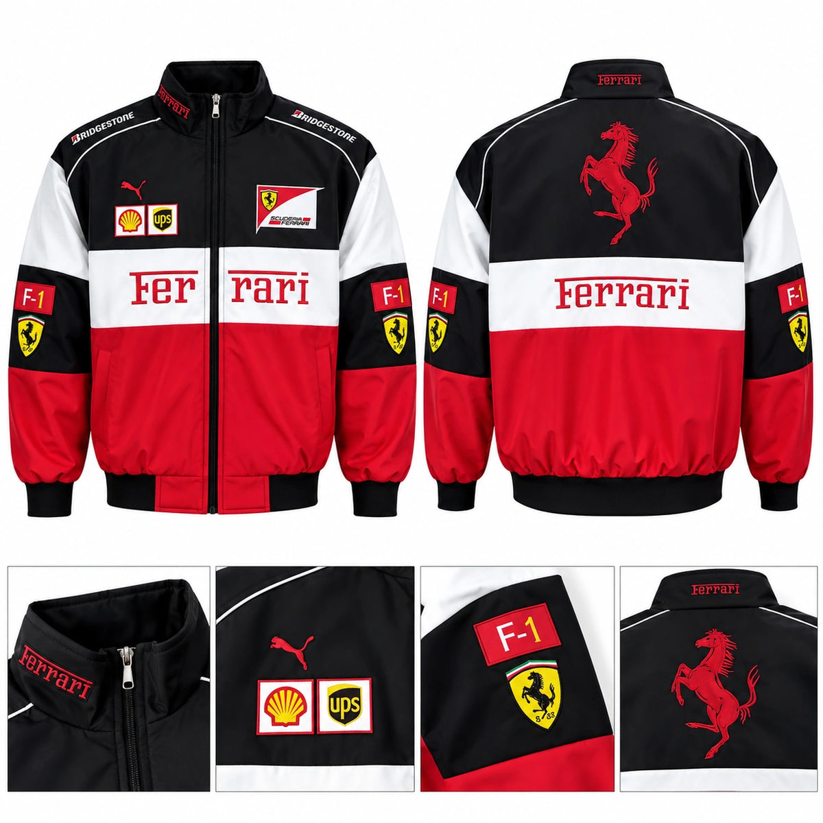 Ferrari racing jacket front and back views with close-up details of collar, racing patches, logos and back graphic on white background