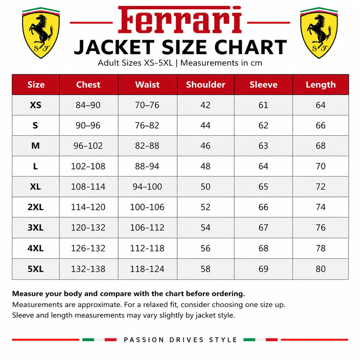 Ferrari Jacket Size Chart XS to 5XL – Adult Measurements in CM