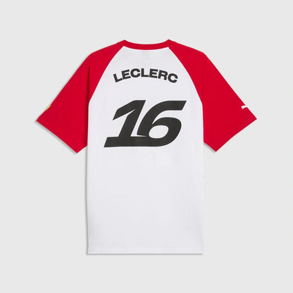 A white and red raglan-style T-shirt shown from the back, featuring the name 'LECLERC' and number '16' printed in black. The shirt has red sleeves and a white body, photographed against a light gray background.