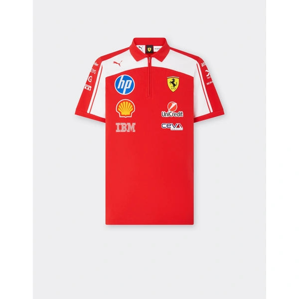 A red and white Scuderia Ferrari short-sleeve polo shirt by Puma, featuring sponsor logos including HP, Shell, IBM, and Citrix on the front, displayed against a light gray background.