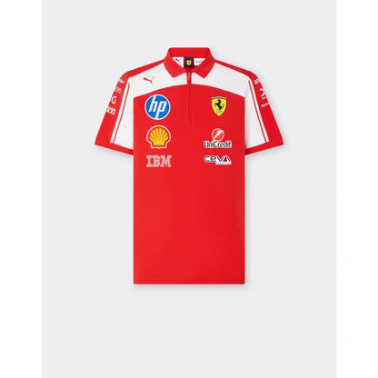 A red and white Scuderia Ferrari short-sleeve polo shirt by Puma, featuring sponsor logos including HP, Shell, IBM, and Citrix on the front, displayed against a light gray background.