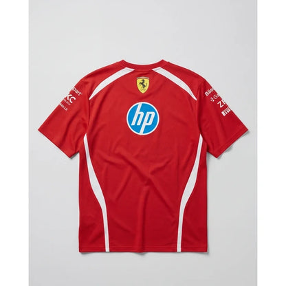 A red short-sleeve Scuderia Ferrari t-shirt with white side panels and logos, featuring the HP logo on the chest and the Scuderia Ferrari Ferrari shield on the neck.